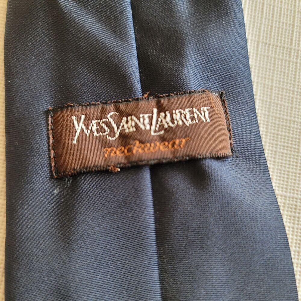 Yves Saint Laurent Vintage Blue Solid Neck Tie With YSL Red Embroidered Logo - Picture 3 of 8